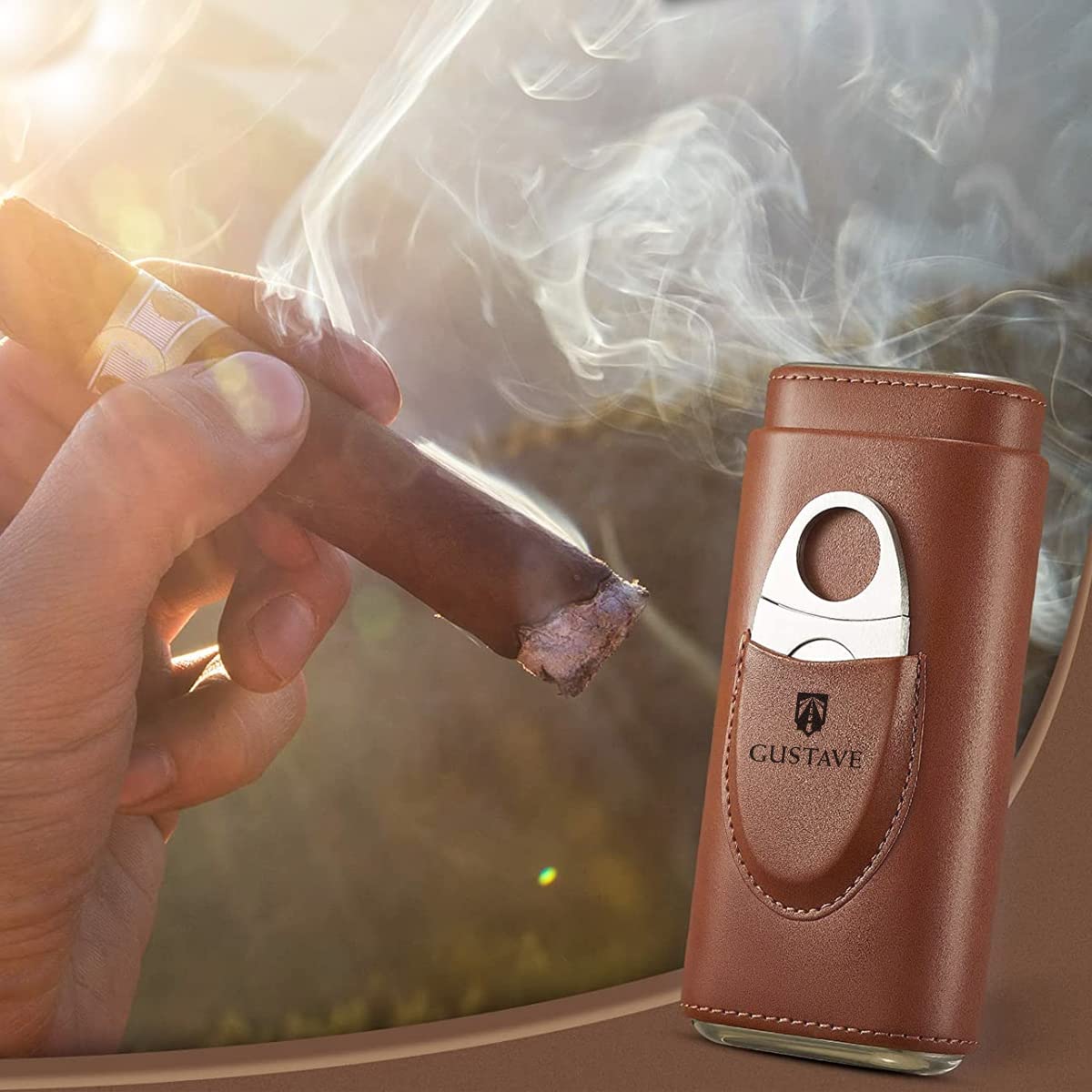 GUSTAVE Cigar Case, Holds Up to 3 Cigars, Cedar Wood Lining Travel Cigars Case, Leather Cigar Case with Stainless Steel Cigar Cutter, Cigar Gift Set for Man (2PCS) GUSTAVE Cigar Case, Holds Up to 3 Cigars, Cedar Wood Lining Travel Cigars Case, Leather Cigar Case with Stainless Steel Cigar Cutter, Cigar Gift Set for Man (2PCS)